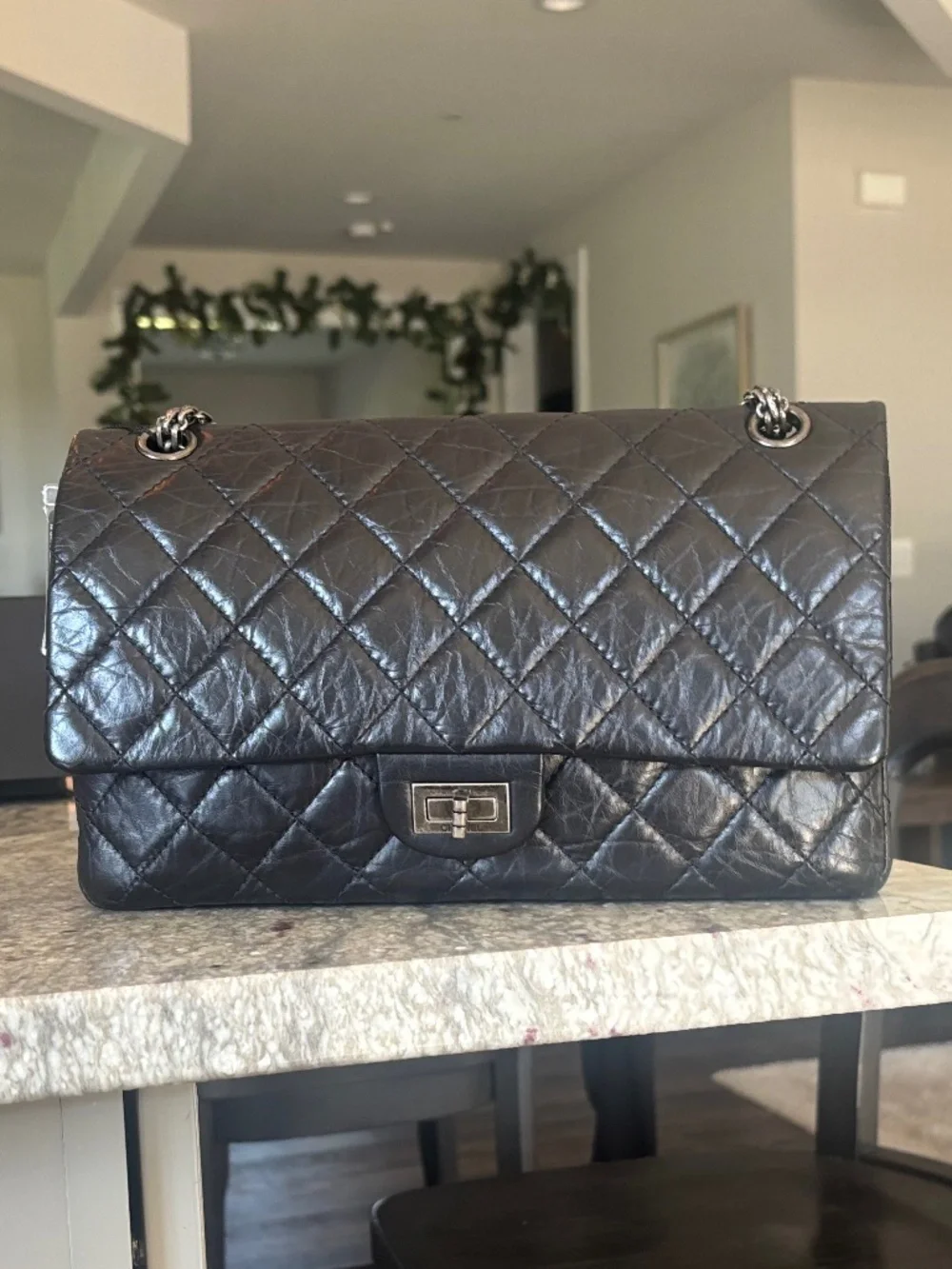 CHANEL 2.55 Reissue 226 Black Aged Calfskin Ruthenium Hardware Double Flap AUTH